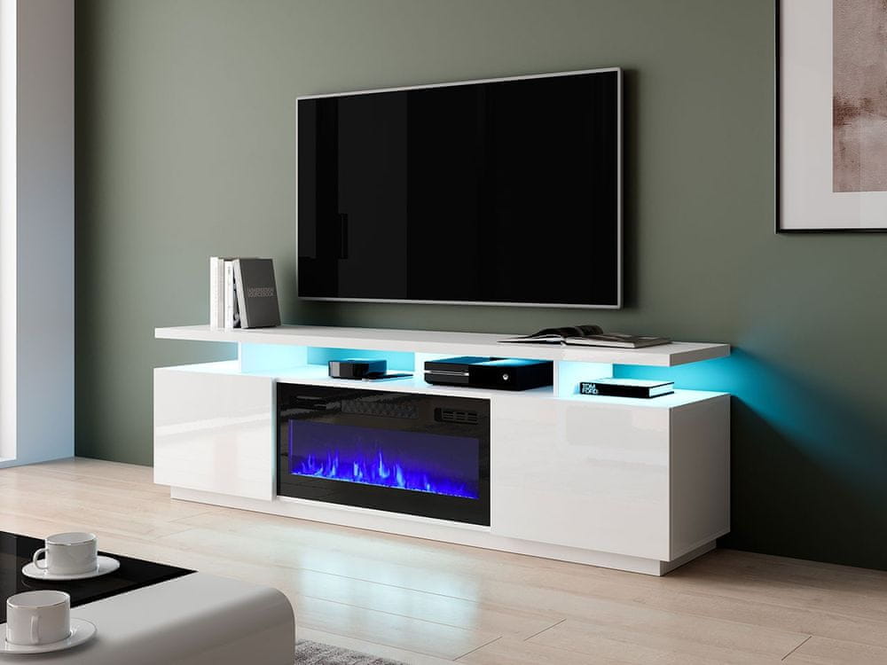 Veneti Televízny stolík s krbom a LED osvetlením SALTA - biely / lesklý biely / čierny